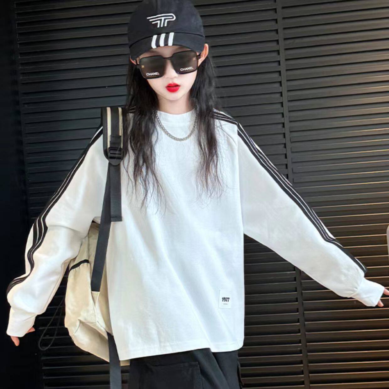 女童长袖t恤春秋款中大儿童加绒白色宽松休闲时尚上衣百搭打底衫