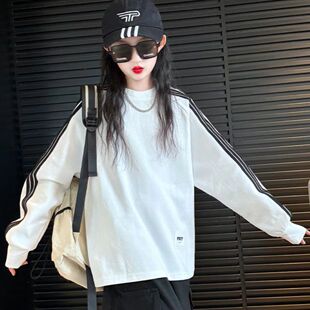 女童长袖t恤春秋款中大儿童加绒白色宽松休闲时尚上衣百搭打底衫