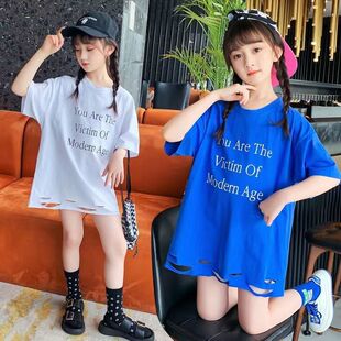 女童夏季短袖t恤儿童洋气破洞韩版上衣圆领宽松t恤裙时髦纯棉半袖
