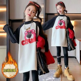 女童加绒长袖打底衫秋冬新款儿童洋气宽松上衣中长款加厚卫衣t恤