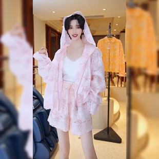 欧货时尚雪纺网纱防晒套装女夏韩版洋气高级感连帽上衣短裤两件套