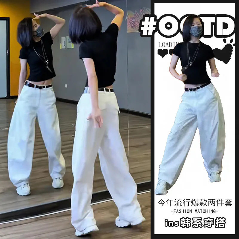 单件/时尚美式辣妹修身显瘦黑色短袖上衣宽松显瘦高腰工装休闲裤