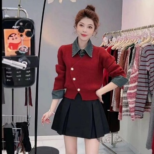撞色牛仔拼接假两件毛衣外套女秋冬新款百搭时尚短款针织开衫上衣