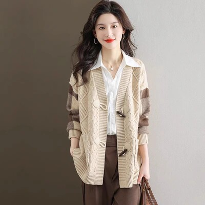 针织单排扣V领外穿宽松外套