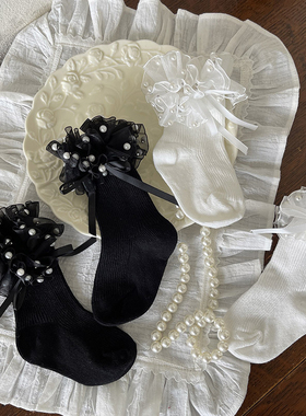 女童袜子秋冬季儿童珍珠花边公主袜短袜蝴蝶结韩版婴儿宝宝中筒袜