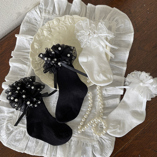 女童袜子秋冬季儿童珍珠花边公主袜短袜蝴蝶结韩版婴儿宝宝中筒袜