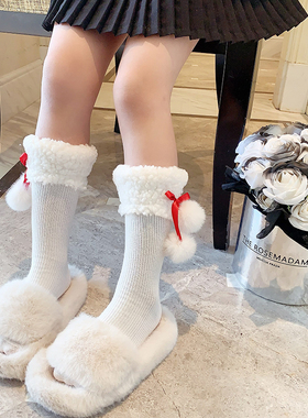 女童新年圣诞红色中筒袜日系可爱毛球秋冬女宝宝毛毛边小腿堆堆袜