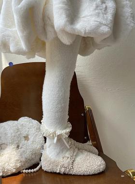 秋冬季女童加厚打底裤中小童花边蝴蝶结獭兔毛打底袜女宝宝连裤袜