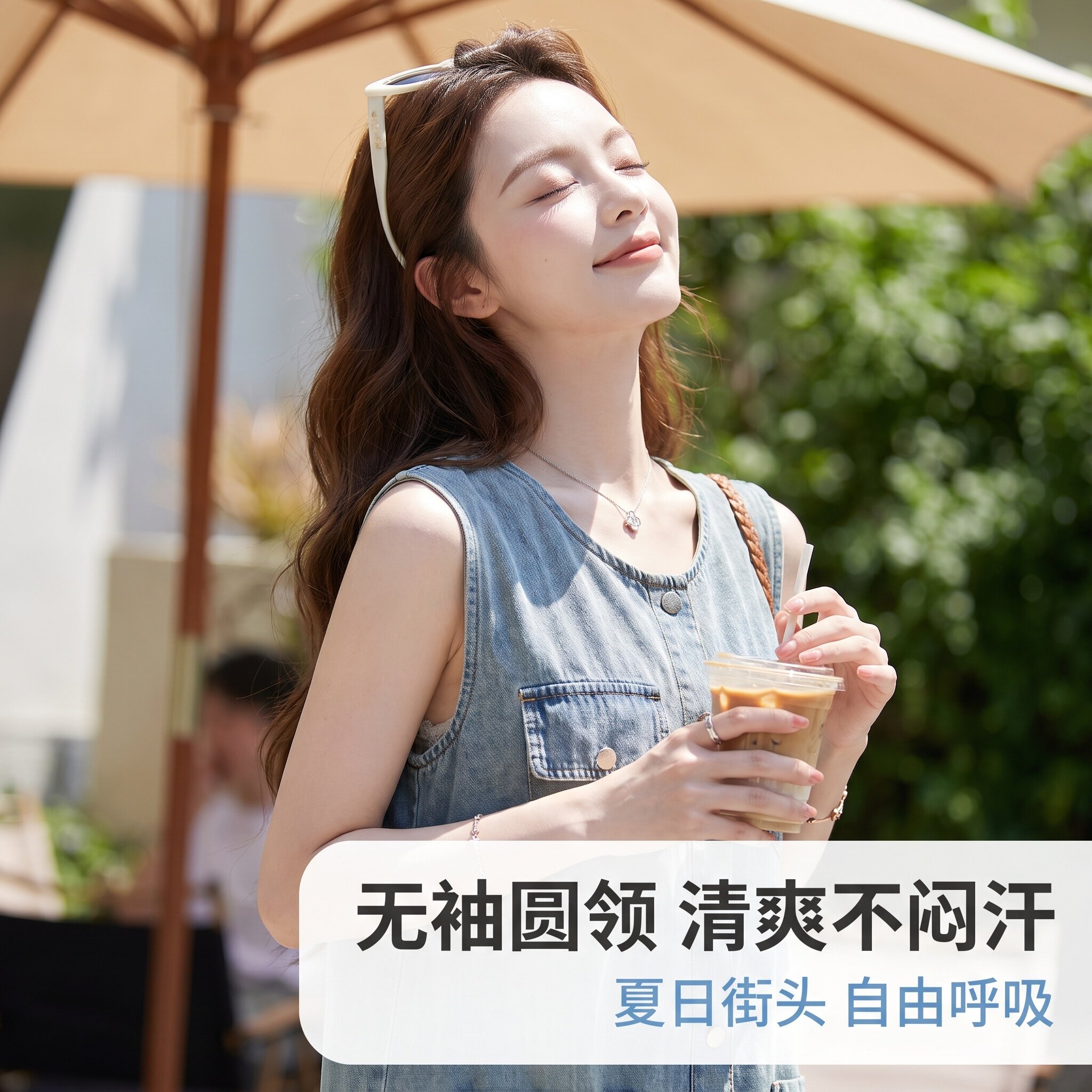 韩式无袖牛仔拼接蕾丝连衣裙