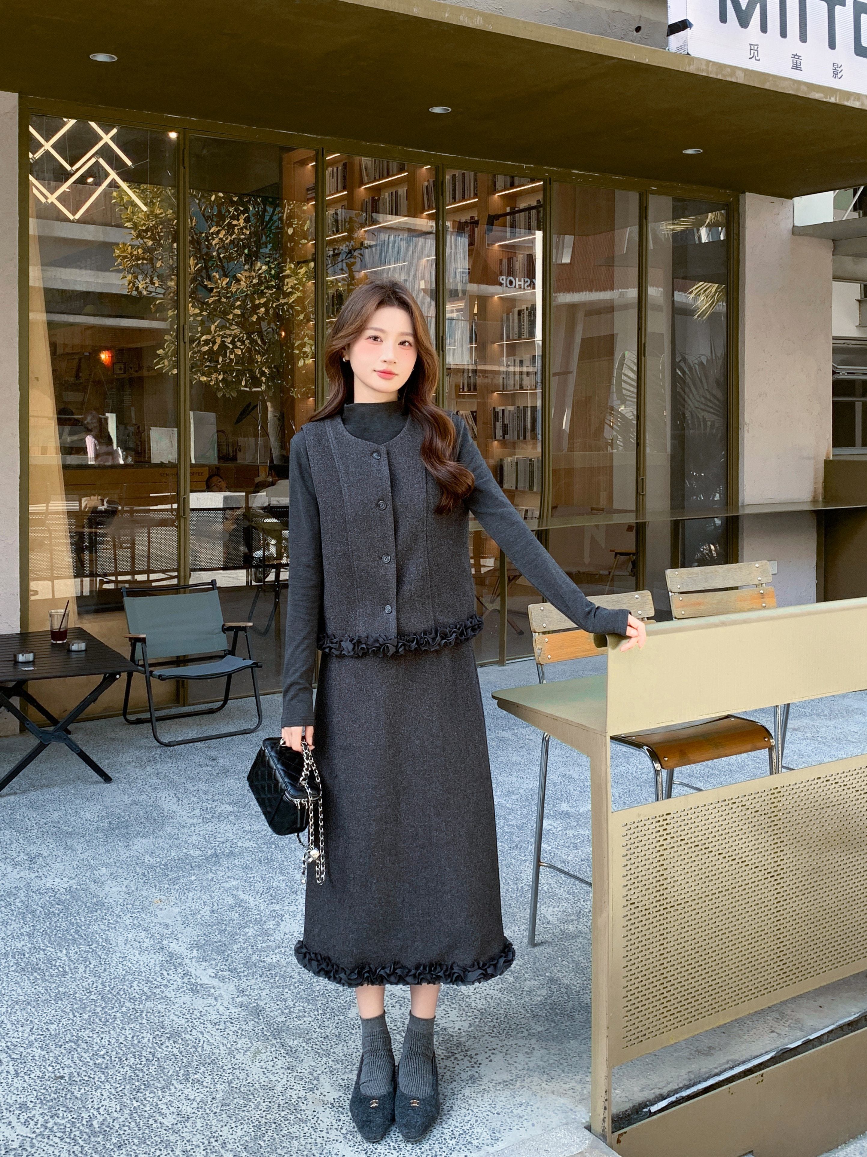 2025秋冬设计师款韩版时尚气质显瘦毛呢马甲三件套女蕾丝木耳花边,女装/女士精品,时尚套装,淘宝优惠券,粉丝福利购,淘宝优惠卷