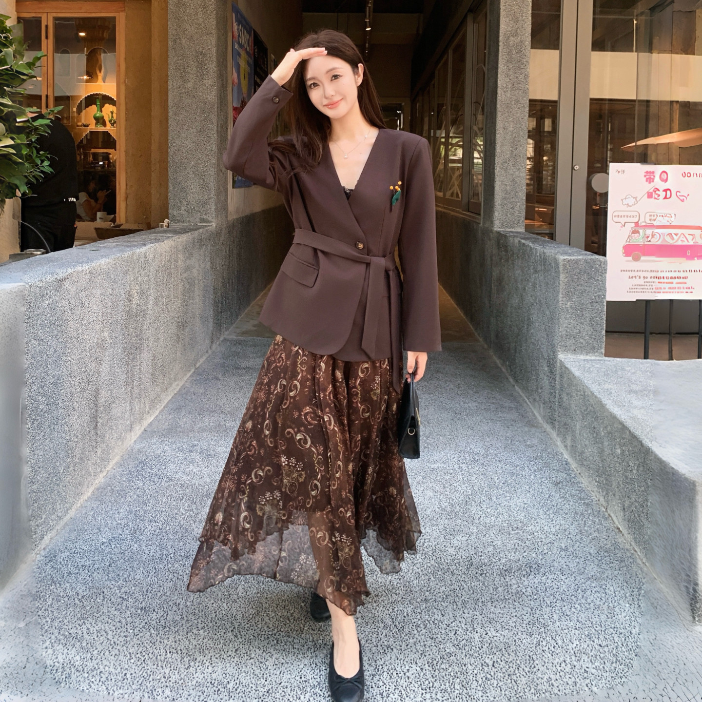 秋季气质西装外套碎花半裙女套装