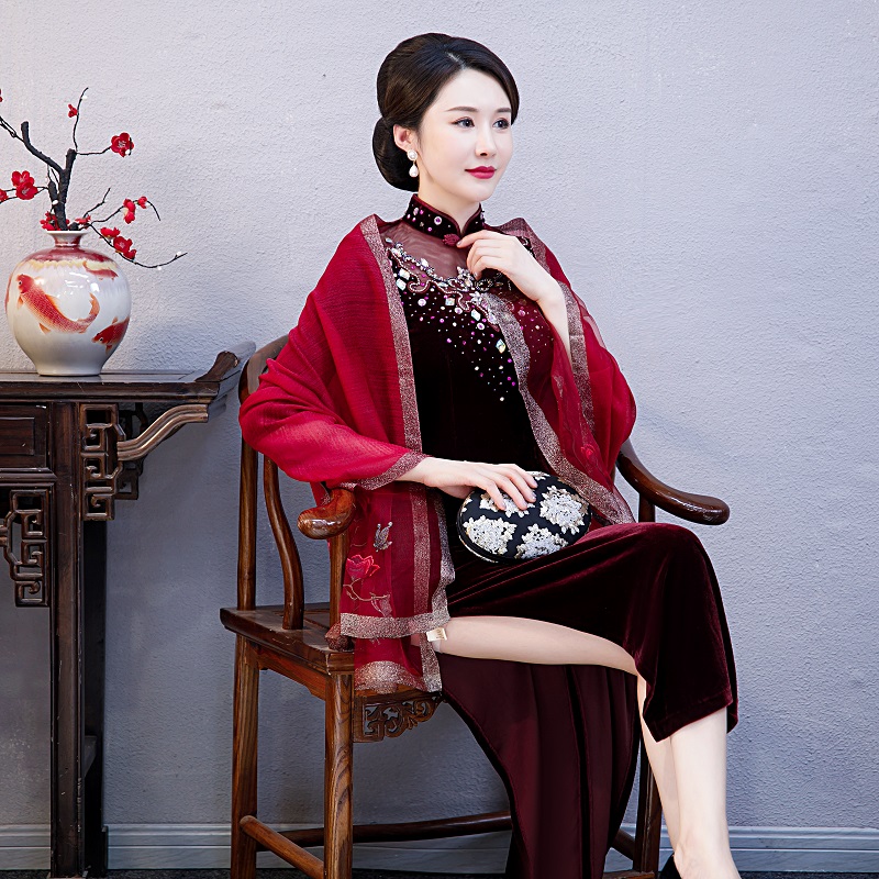红色喜庆妈妈婚礼婚宴真丝羊毛旗袍披肩长款围巾外披薄款披肩春夏