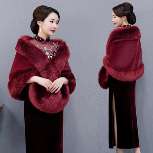 婚宴宴会高贵皮草大披肩女士百搭酒红色冬季保暖兔毛旗袍外搭围巾