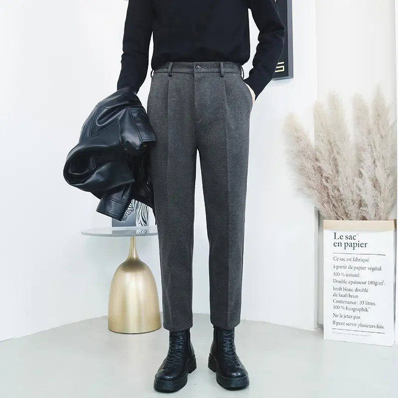 松紧腰加厚保暖毛呢料西裤韩版修身显瘦男裤子炸街高级感西装裤潮