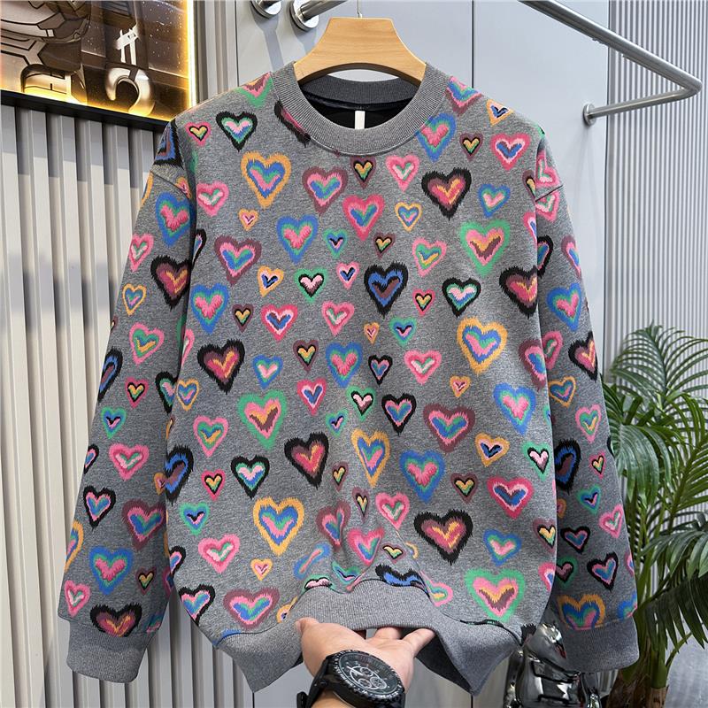 秋冬季新款痞帅男装彩色爱心印花圆领加绒卫衣百搭舒适套头上衣