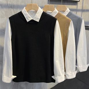 男士两件套毛衣配衬衫长袖冬加绒男装上衣高级感针织衫马甲衬衣