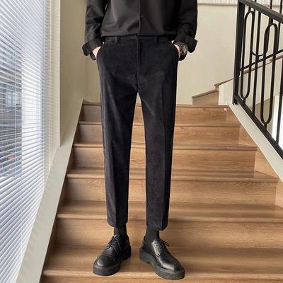 灯芯绒男士黑色九分直筒西裤