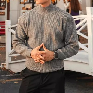 浅灰色半高领毛衣男款春秋季韩系高级感穿搭宽松慵懒风针织打底衫