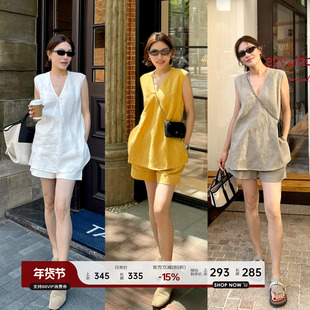 YANGLE_全亚麻套装2025年夏季新款宽松无袖V领背心阔腿短裤两件套