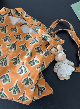 印度传统拓印染色棉布环保袋黄色印花包简约百搭细带单肩包托特包