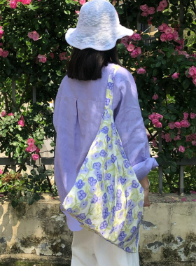 温柔紫色鸢尾碎花包小众设计帆布包薄款纯棉布袋文艺包单肩斜跨包