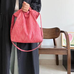 日系可爱色织棉麻包文艺百搭梅子红牛仔蓝手提斜跨单肩包多功能包