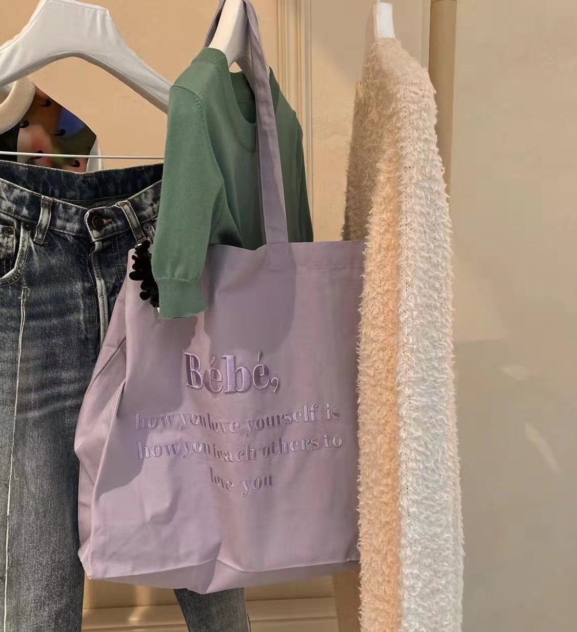 韩国bebe字母刺绣帆布包ins韩风大爱温柔色马卡龙少女学生单肩包