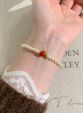 nicedream玛瑙米白珍珠弹力手串