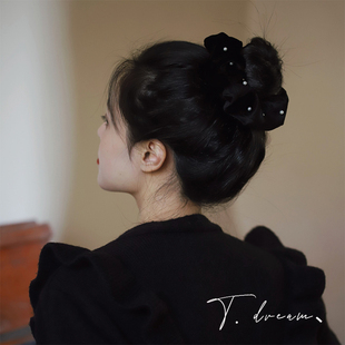 发绳皮筋发饰 珍珠褶皱大肠发圈丝绒黑色女网红复古法式 星夜