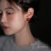 简约复古酒红小巧红豆耳环女小众设计高级耳饰耳钉耳坠 南国