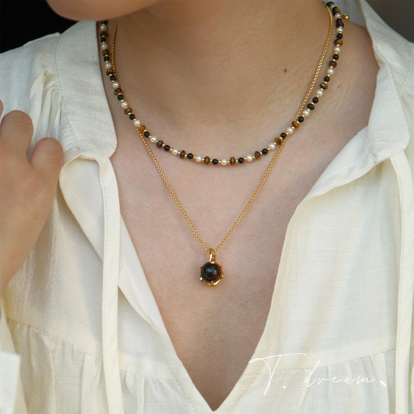 nicedream虎眼石串珠叠戴项链