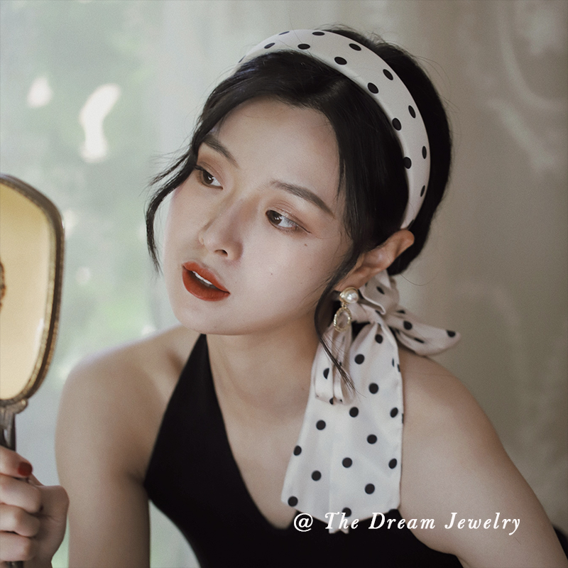 普罗旺斯波点飘带发箍编发丝带女