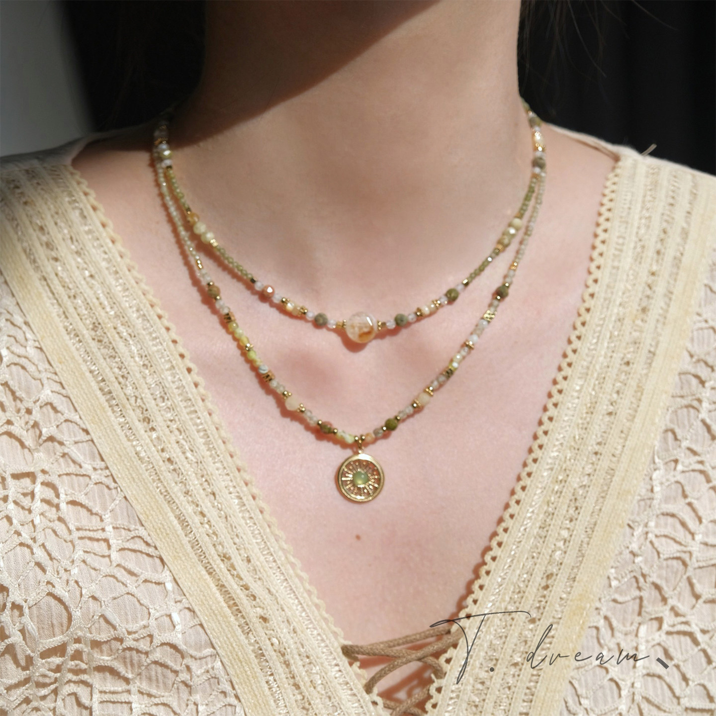 《清萝碎玉》绿玛瑙罗盘叠戴项链高级感锁骨链小众设计2026新款