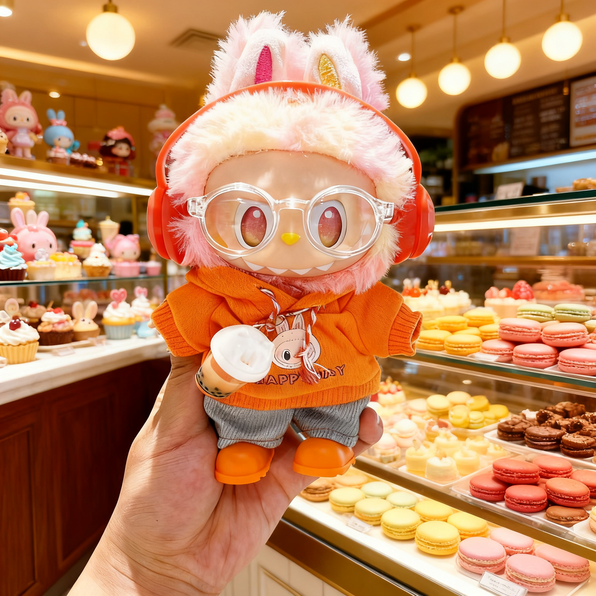 labubu拉布布娃衣橙色可爱卫衣奶茶牛仔套装一二三代通穿衣服新款