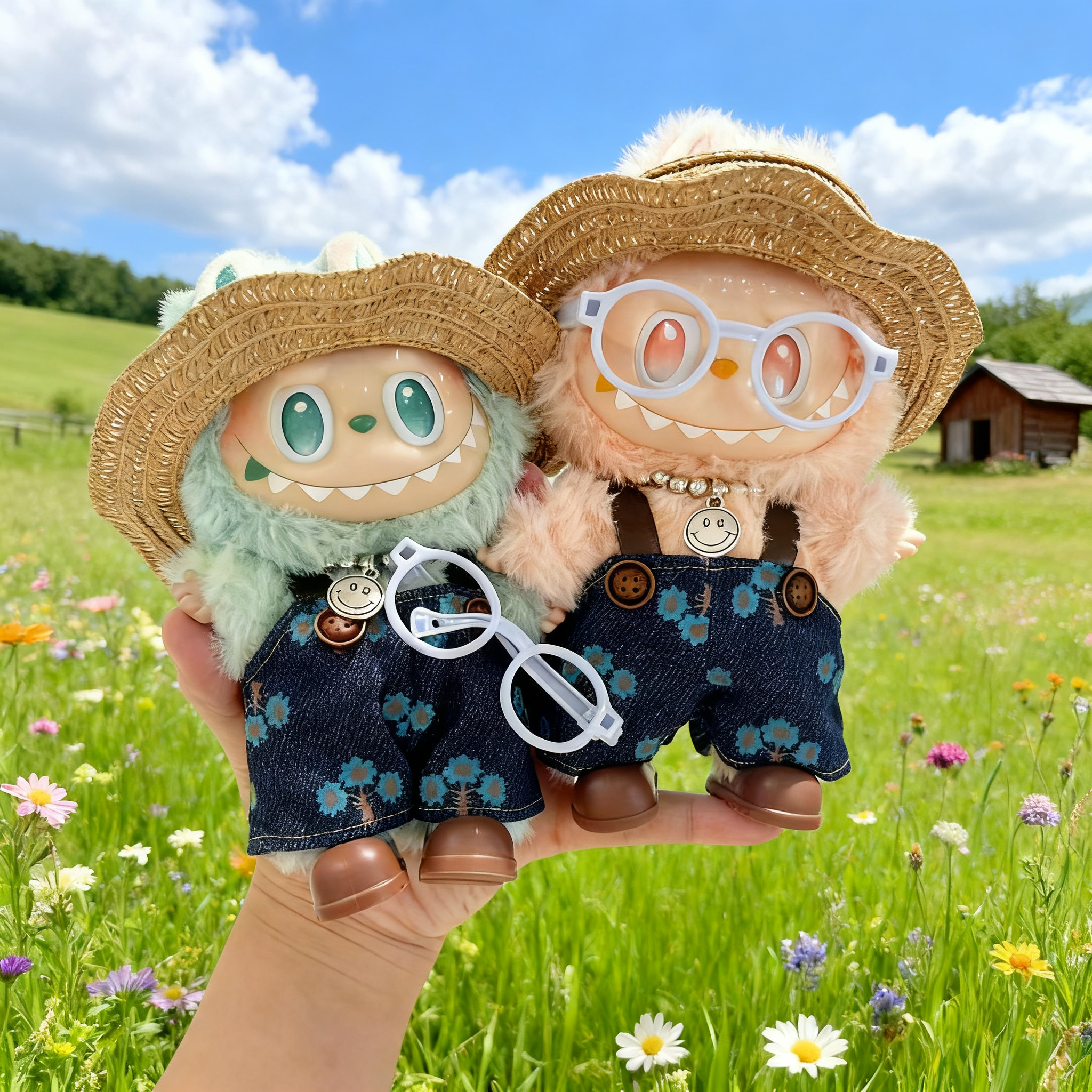 labubu拉布布新款娃衣碎花牛仔背带裤邻家小妹套装一二三代穿衣服