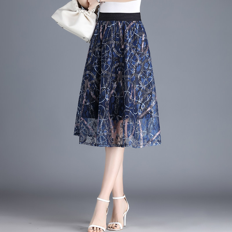 2025新款春秋印花蕾丝网纱半身裙女高腰中长小个子显瘦a字裙伞裙