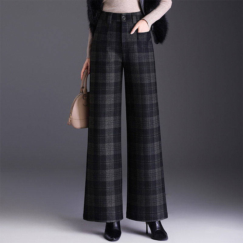 高腰毛呢直筒阔腿裤格子长裤女秋冬2025新款宽松显瘦时尚休闲裤子