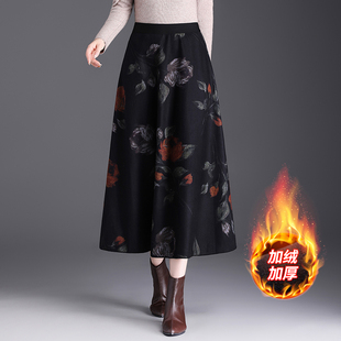 复古印花半身裙女秋冬季中长款高腰双面穿A字裙显瘦加厚丝绒裙子