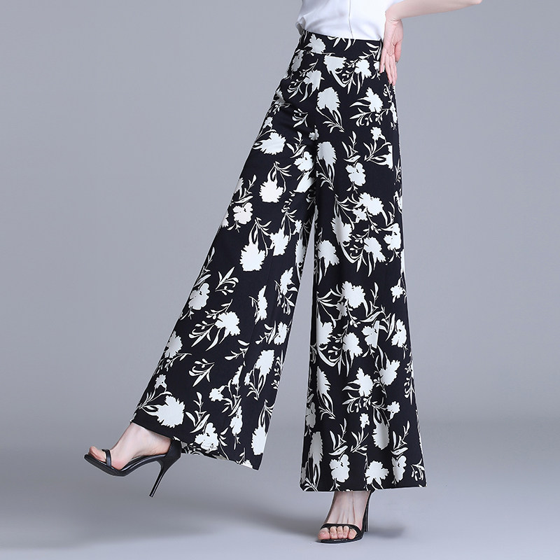 印花裙裤女雪纺阔腿裤薄款长裤子2023夏季高腰宽松冰丝休闲直筒裤