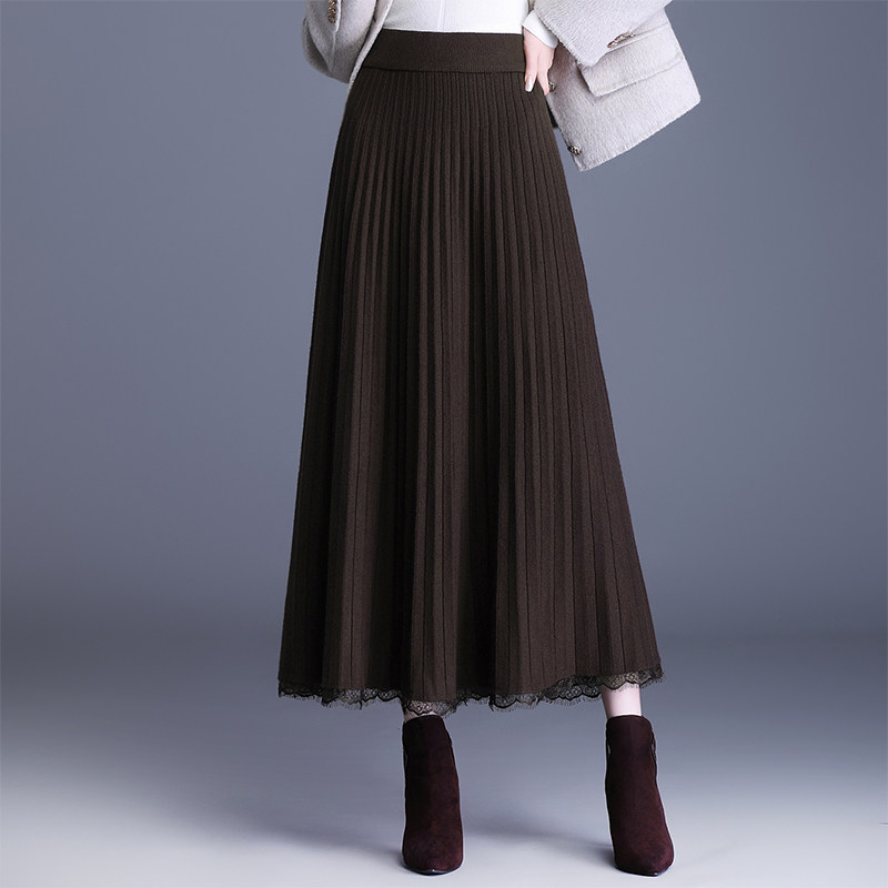 针织半身裙女2025秋冬新款高腰显瘦中长款a字裙蕾丝边百褶大摆裙