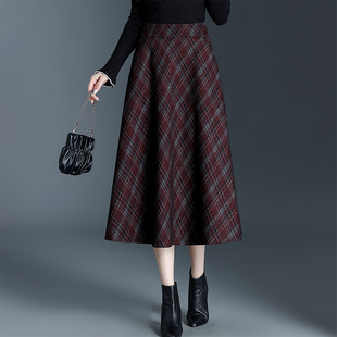 红格子毛呢半身裙女2025秋冬新款高腰显瘦遮胯a字裙中长休闲伞裙