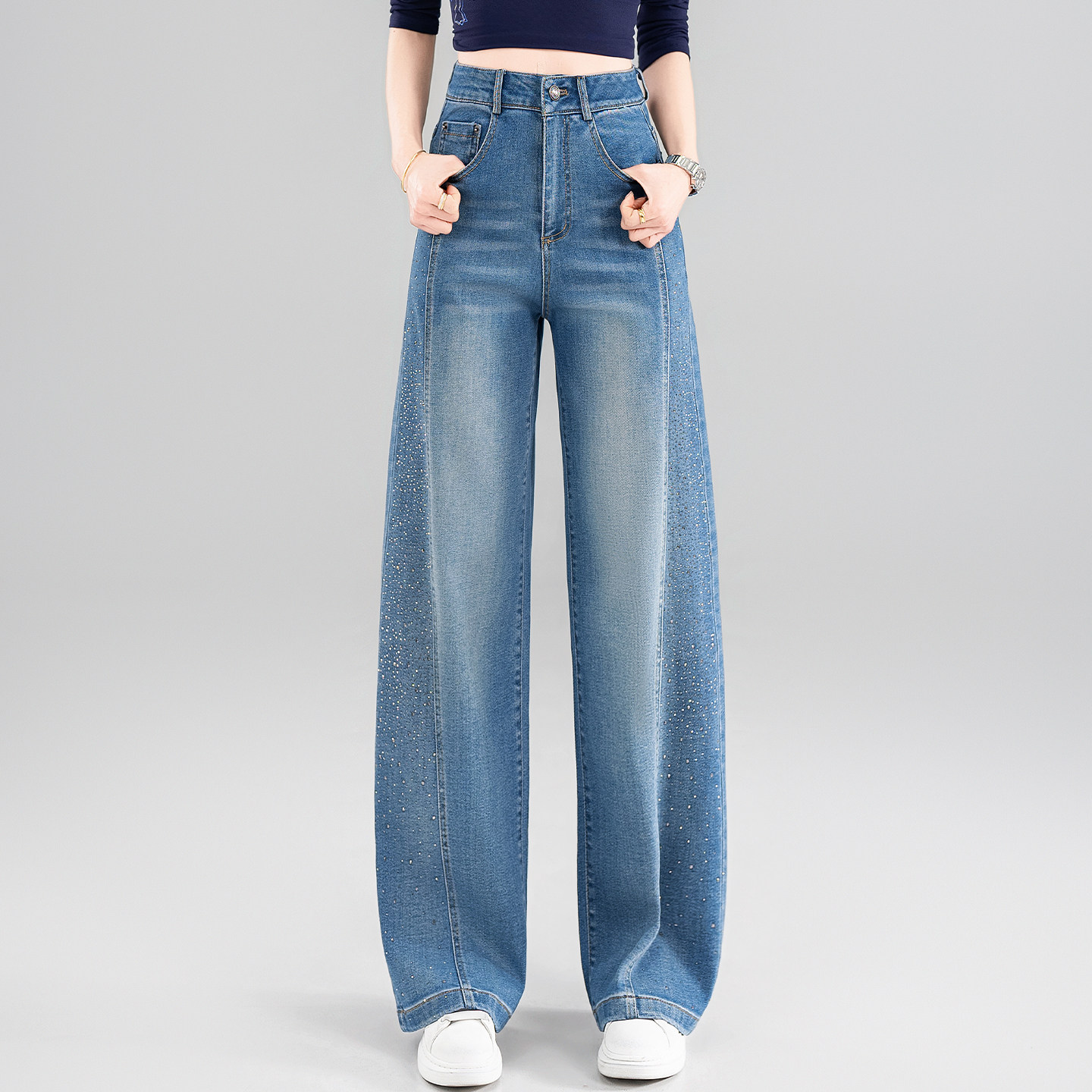 设计感侧边烫钻阔腿牛仔裤女春夏2026新款高腰休闲弯刀裤显瘦长裤