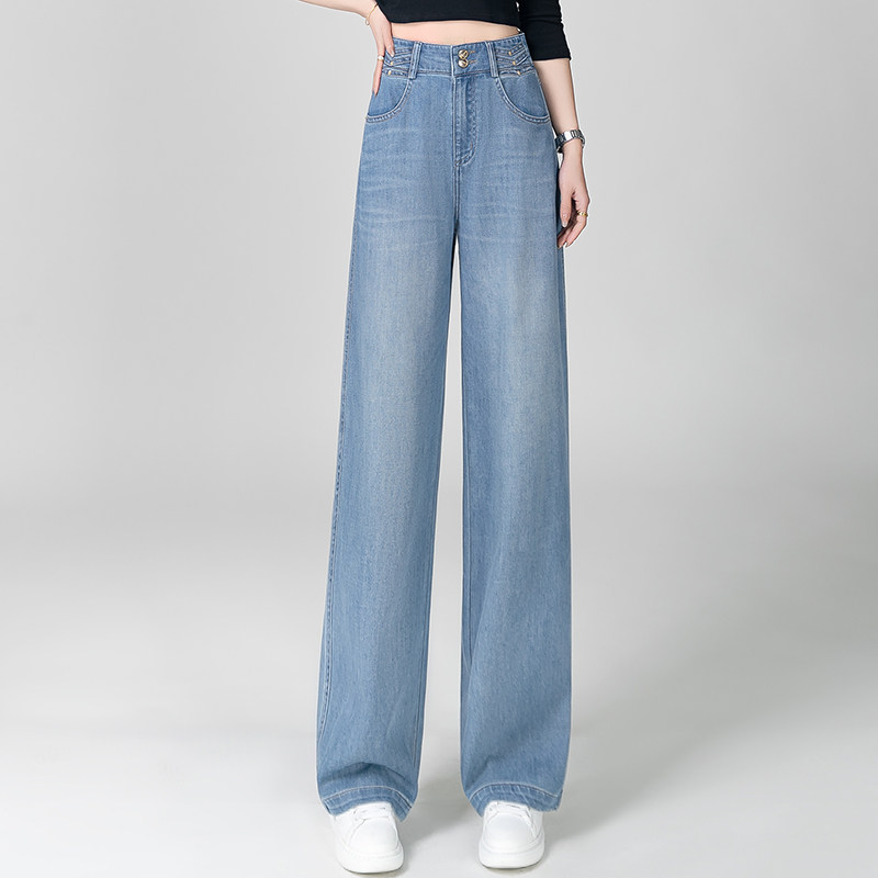 气质百搭高腰蓝色水洗阔腿牛仔裤女2026春夏新款宽松显瘦直筒长裤