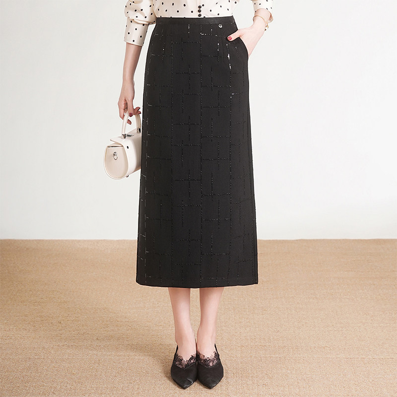 黑色亮片半身裙中长款2026春季开叉直筒一步裙显瘦职场华丽风裙子