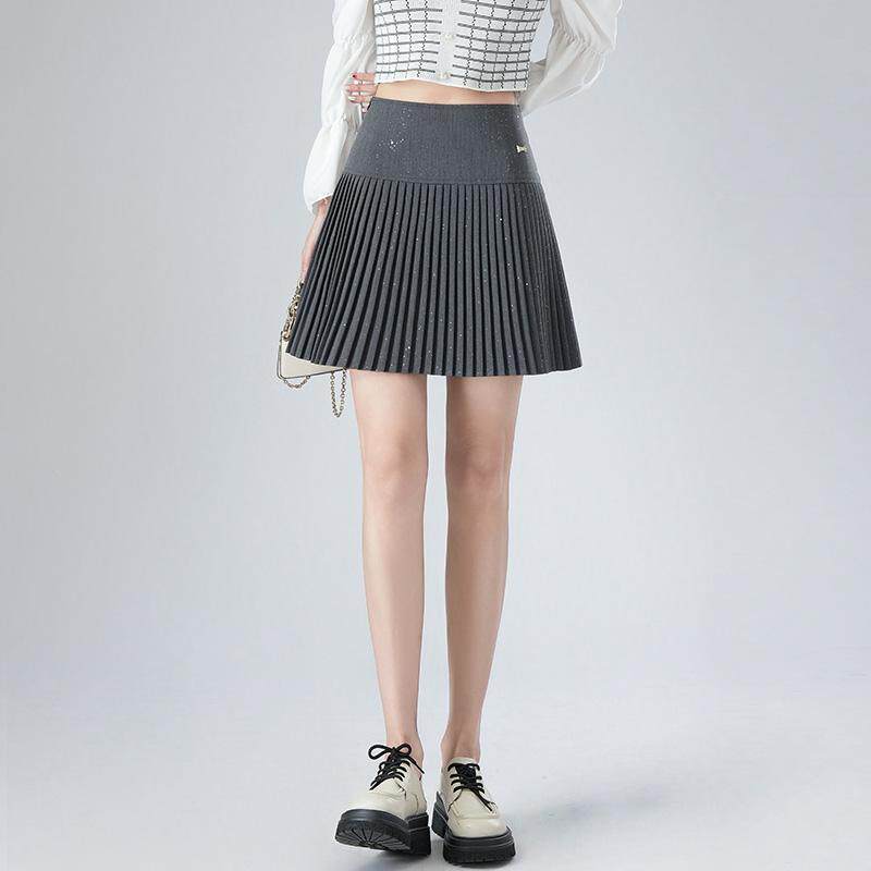 洋气百褶裙半身裙女春秋新款烫钻细褶高腰显瘦百搭短款a字裙