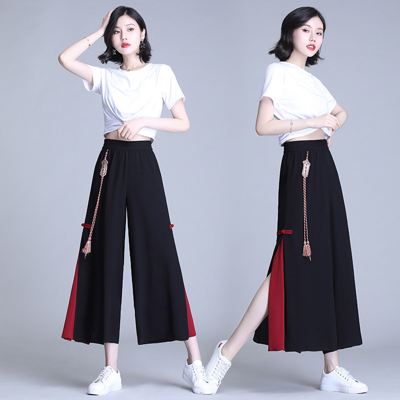 雪纺阔腿裤女裤子夏季中国风汉服民族风甩裤高腰宽松九分垂感裙裤