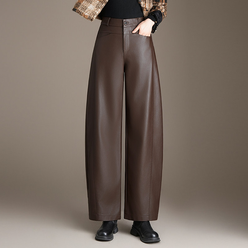 时尚宽松阔腿皮裤弯刀裤女秋冬新款高腰显瘦PU皮休闲长裤早春