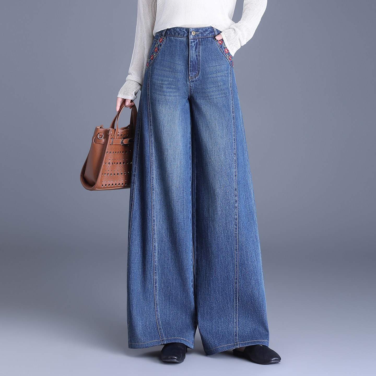 慵懒风刺绣阔腿牛仔裤女春季宽松显瘦高腰长裤2026新款百搭休闲裤