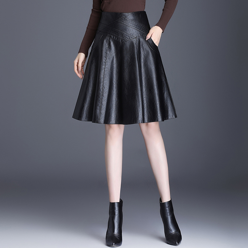 PU皮裙半身裙春秋新款高腰百褶裙中长款a字裙修身显瘦皮短裙