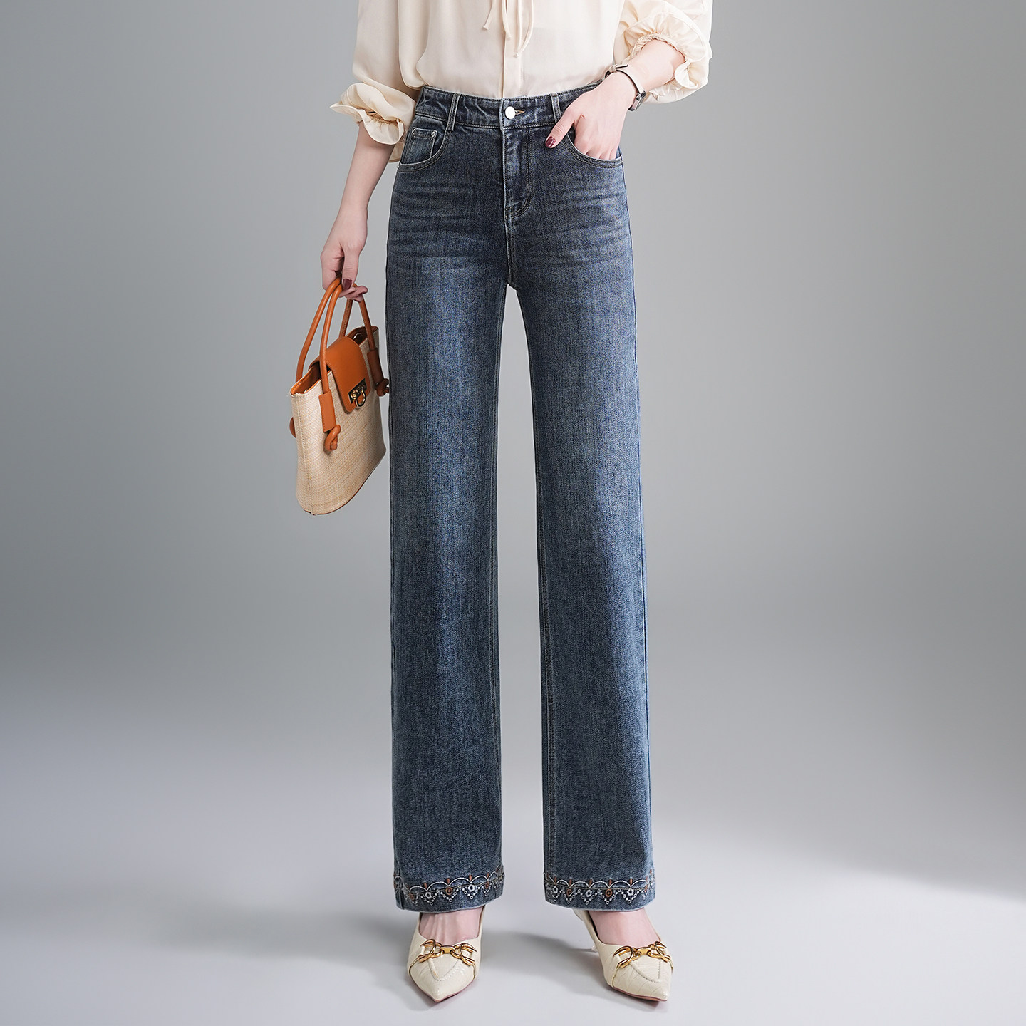 气质高腰2026新款阔腿牛仔裤女春季显瘦垂坠感直筒长裤百搭遮肚子